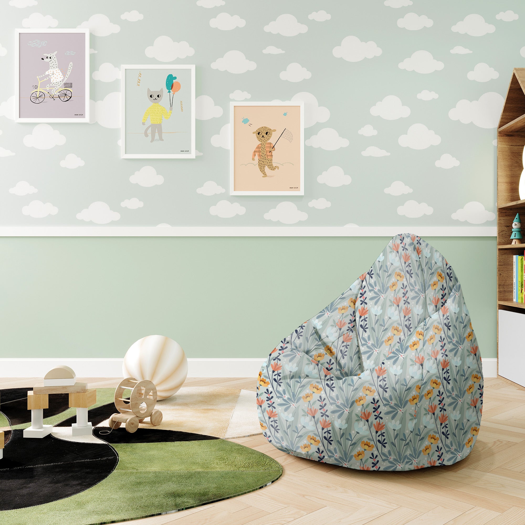 Puf Pearshape Handdrawn Flowers-S-Oxford