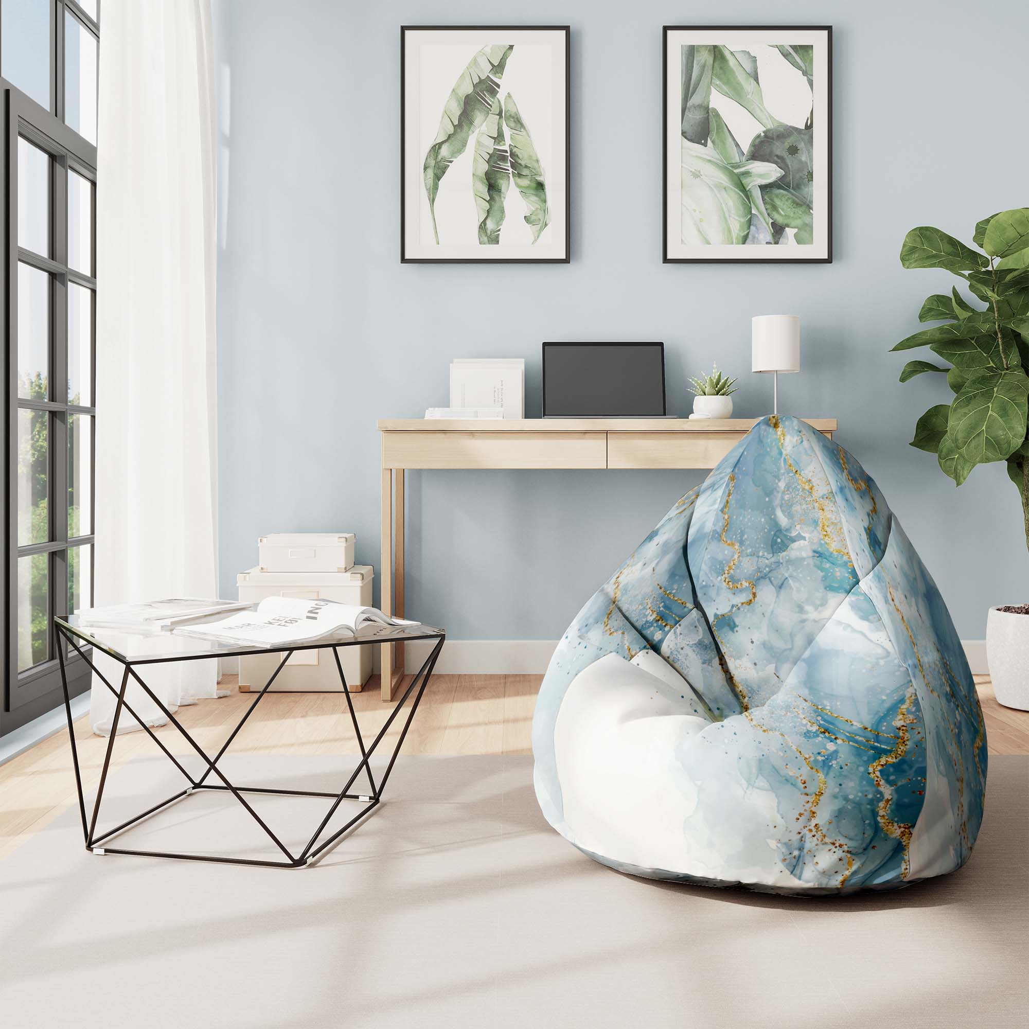 Puf Pearshape Blue Elegant Marmur-Velvet
