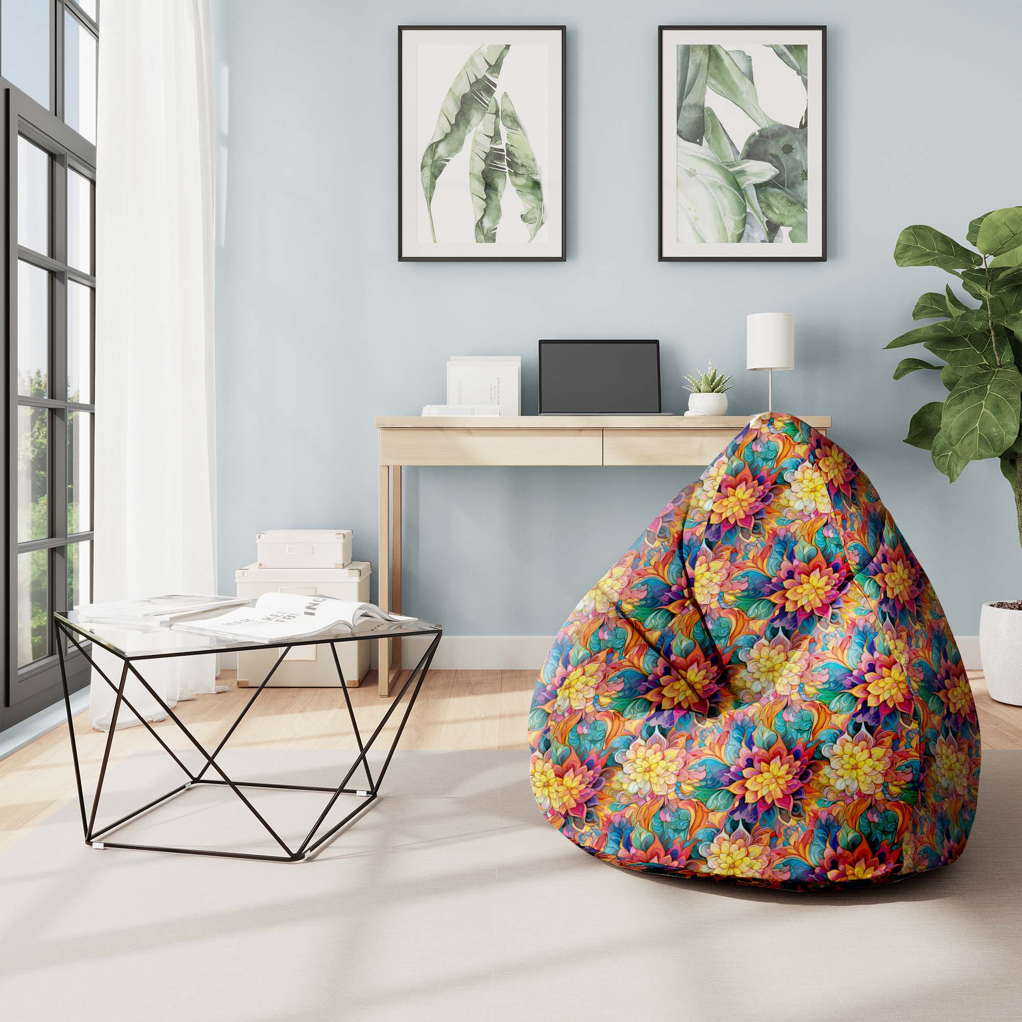 Sitzsack Pearshape Botanisches Blumenmuster mit geometrischen Formen-S-Samt