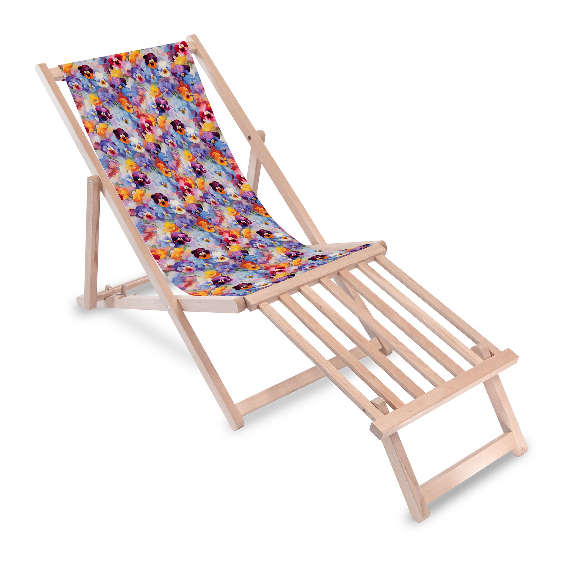 Leżak drewniany z podnóżkiem drewnianym Colorful Flowers Pattern