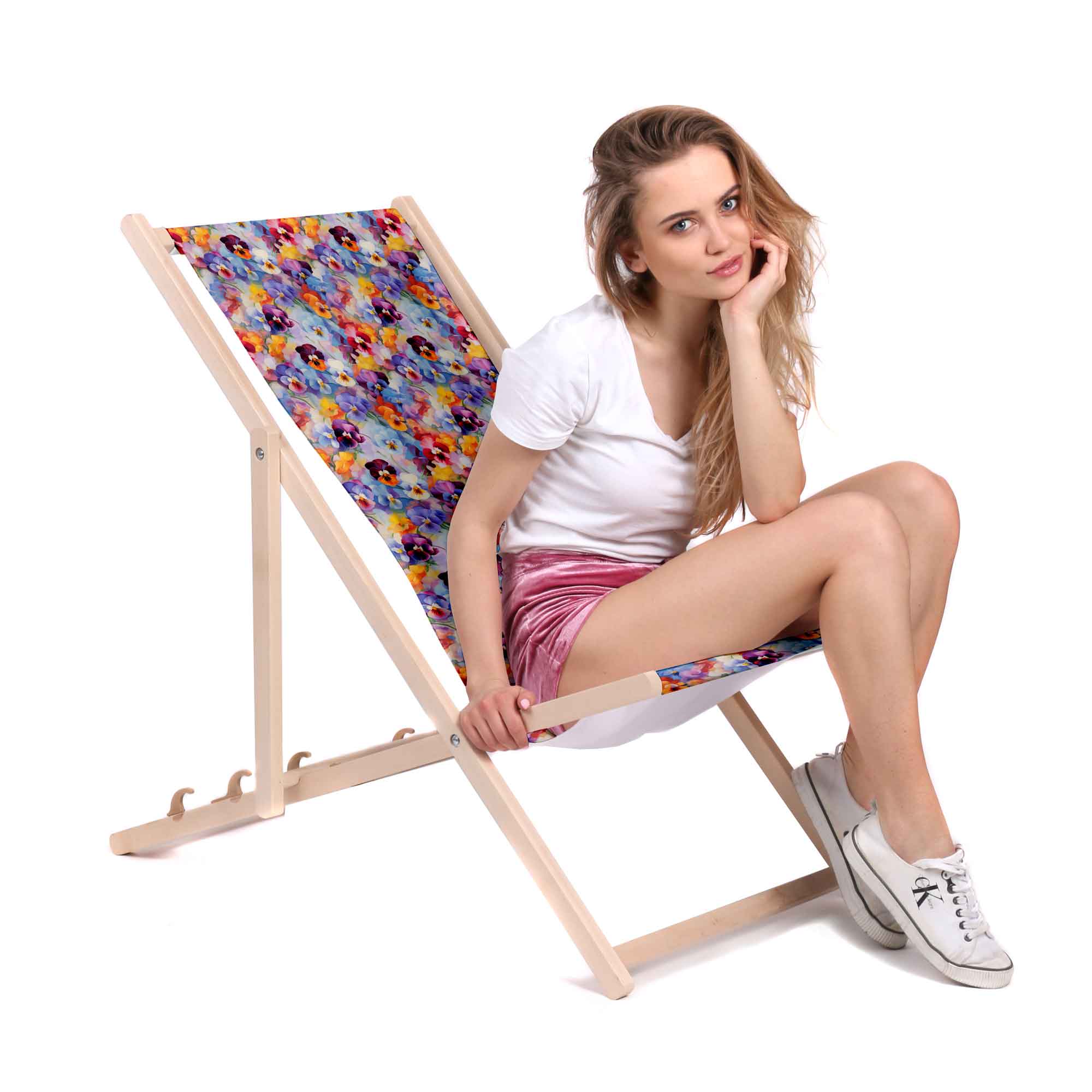 Wooden Deck Chair Colorful Flowers Pattern
