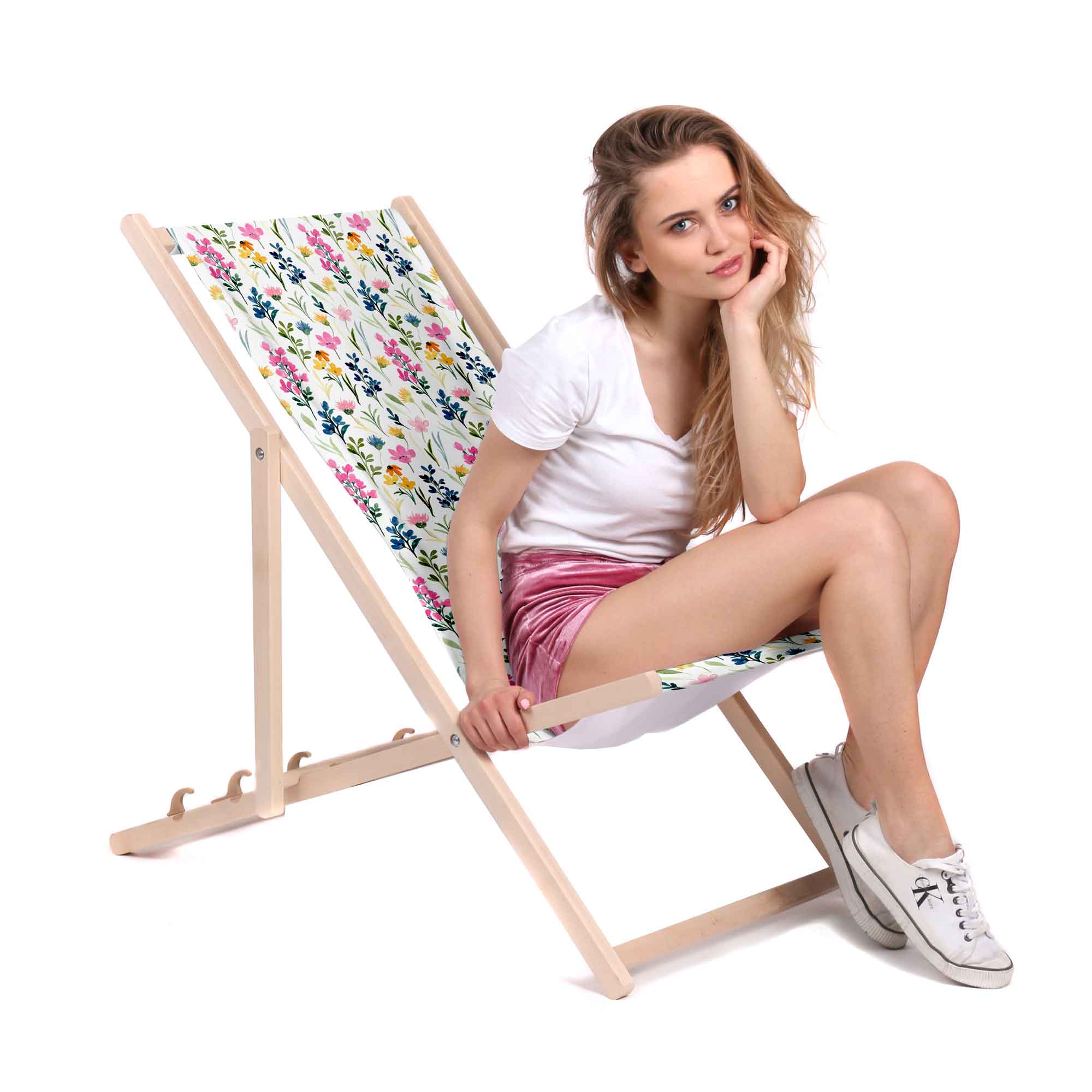 Holzliegestuhl Bunte Wildblumen-S