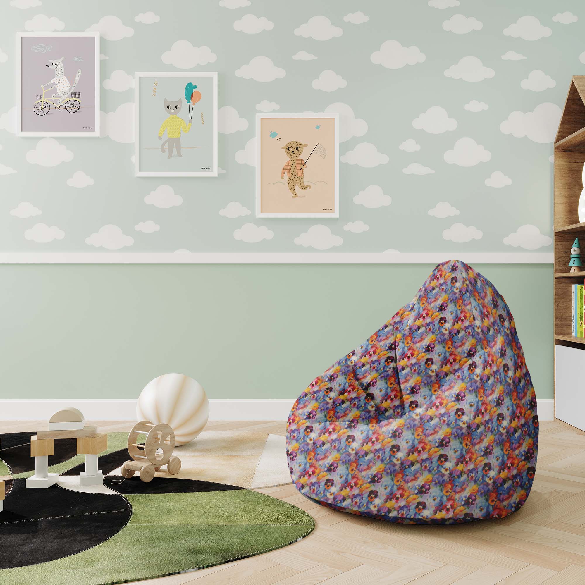 Puf Pearshape Colorful Flowers Pattern-M-Oxford