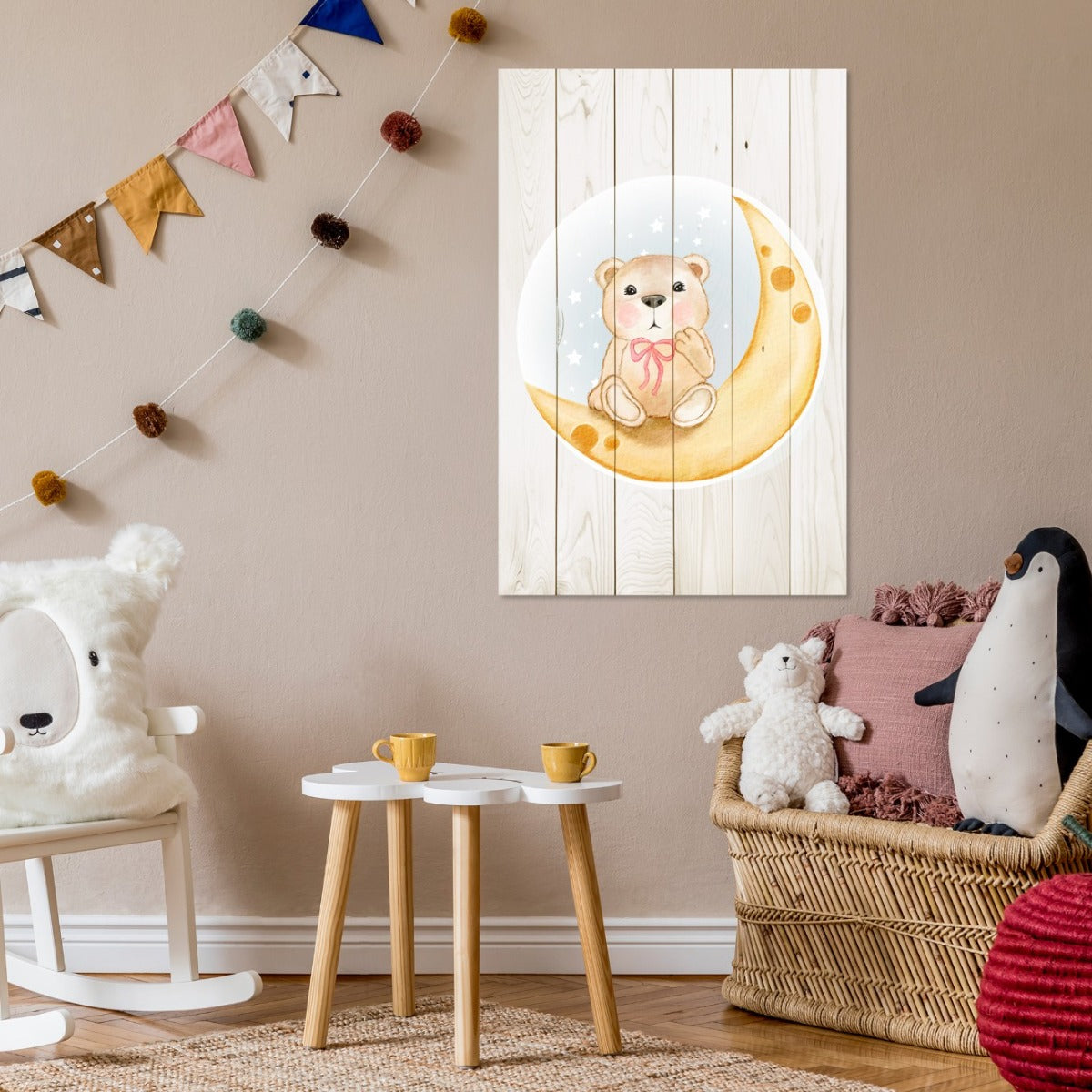 Obraz Wood Cute Bear Sitting Moon Watercolor-60x90 cm