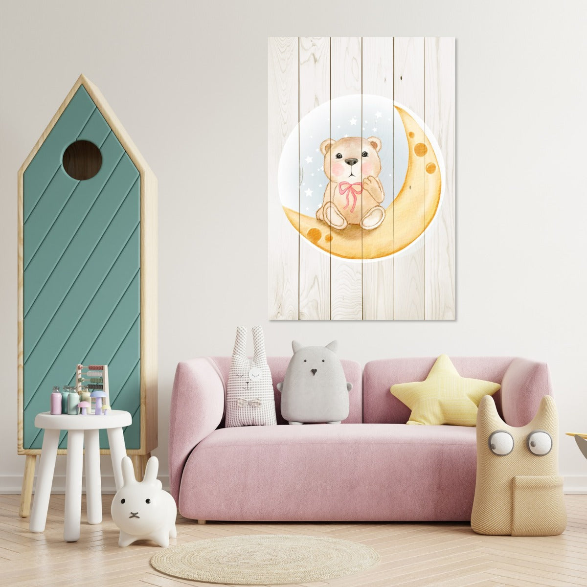 Obraz Wood Cute Bear Sitting Moon Watercolor