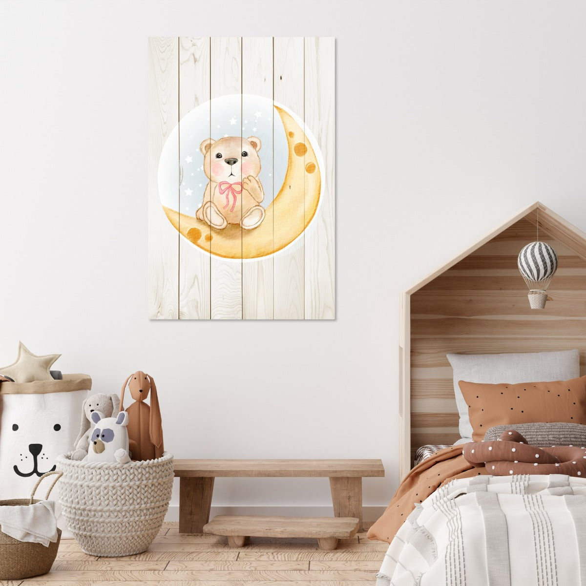 Obraz Wood Cute Bear Sitting Moon Watercolor-20x30 cm