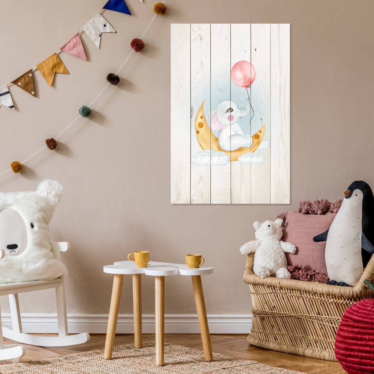 Obraz Wood Cute Elephant Sitting Moon-20x30 cm