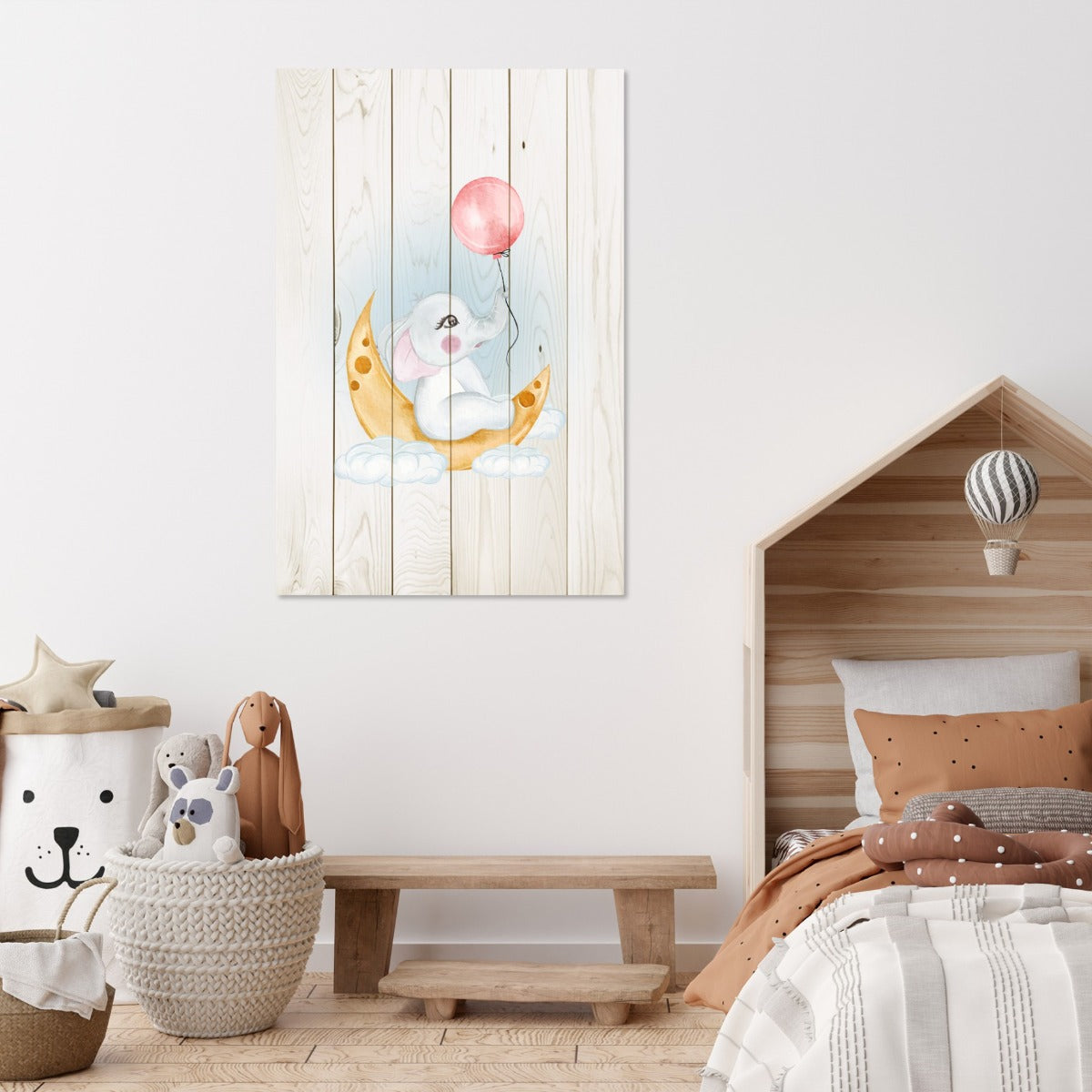 Obraz Wood Cute Elephant Sitting Moon-60x90 cm