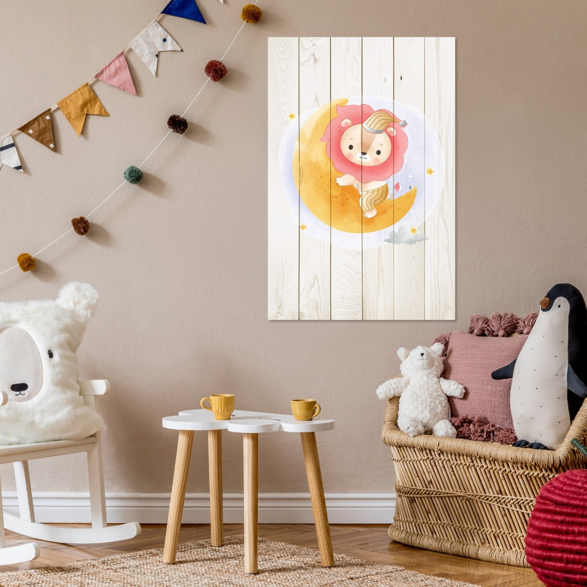 Obraz Wood Cute Lion Sitting Moon-40x60 cm