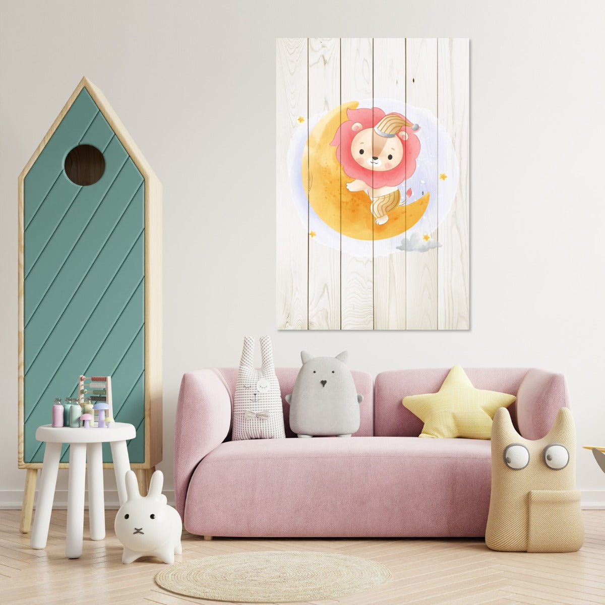 Obraz Wood Cute Lion Sitting Moon-40x60 cm