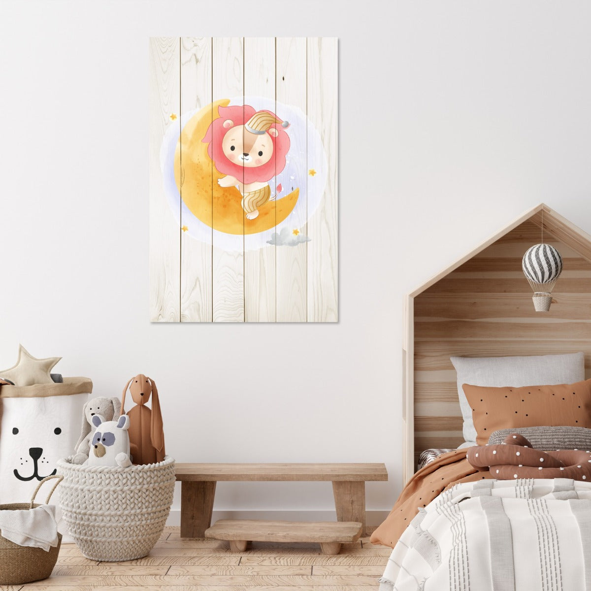 Obraz Wood Cute Lion Sitting Moon-50x70 cm