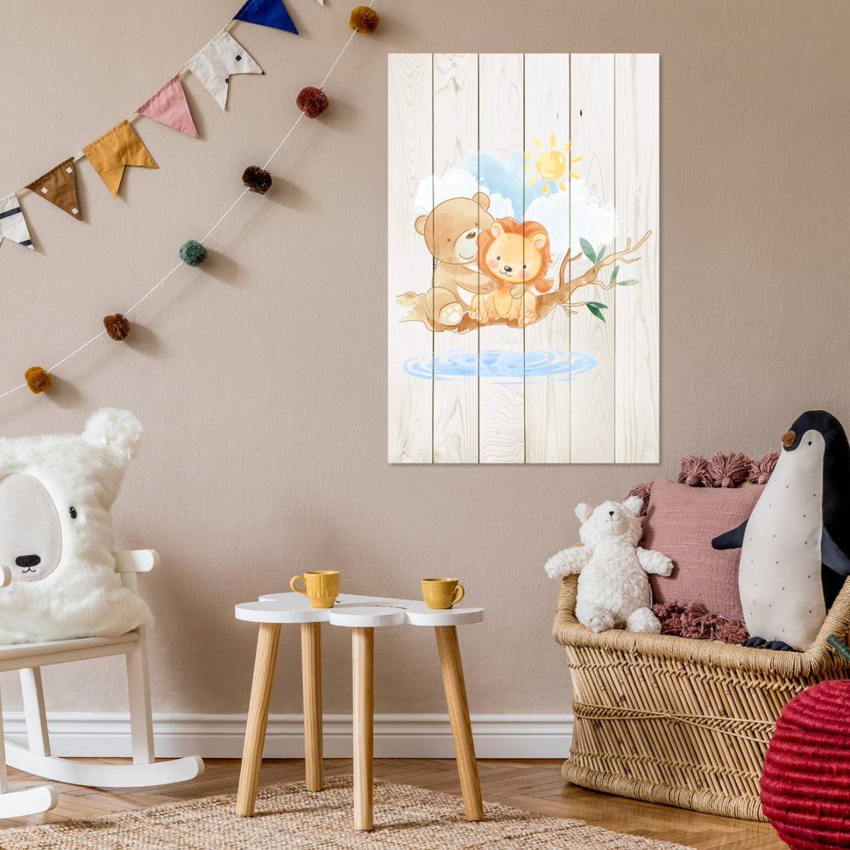 Obraz Wood Cute Little Lion and Bear-30x40 cm
