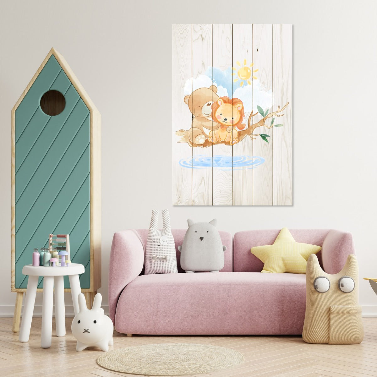 Bild Wood Niedlicher kleiner Löwe und Bär-50x70 cm