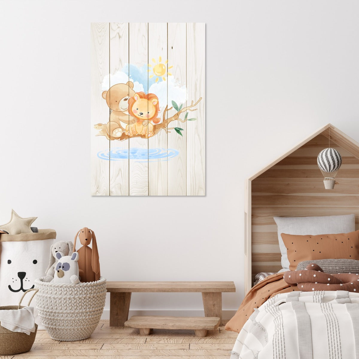 Obraz Wood Cute Little Lion and Bear-20x30 cm