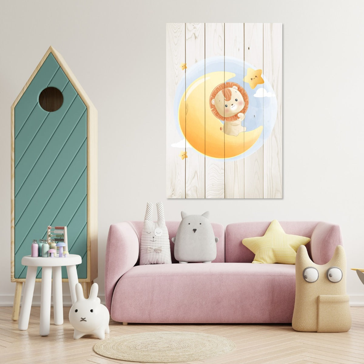 Obraz Wood Cute Little Lion Sitting on the Moon-40x60 cm