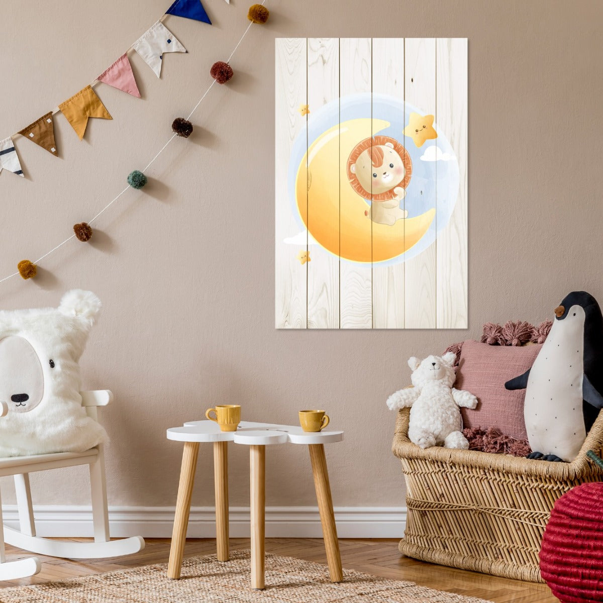 Obraz Wood Cute Little Lion Sitting on the Moon-20x30 cm