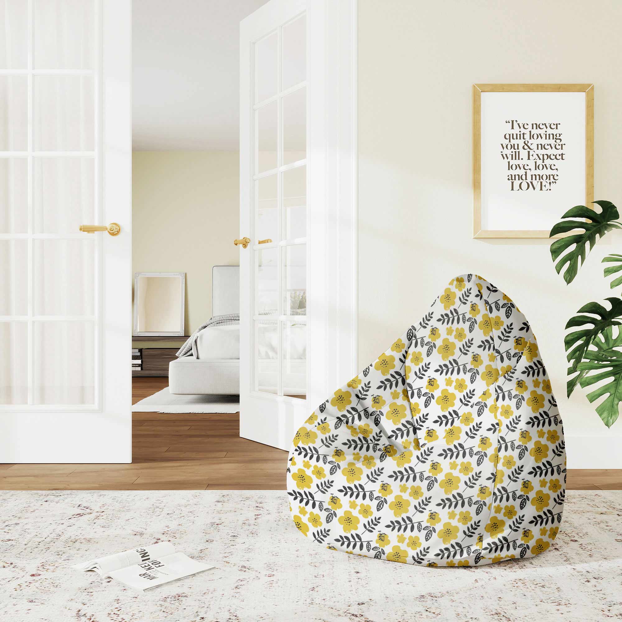Puf Birnenform Bemalte Gelbe Blumen-S-Samt