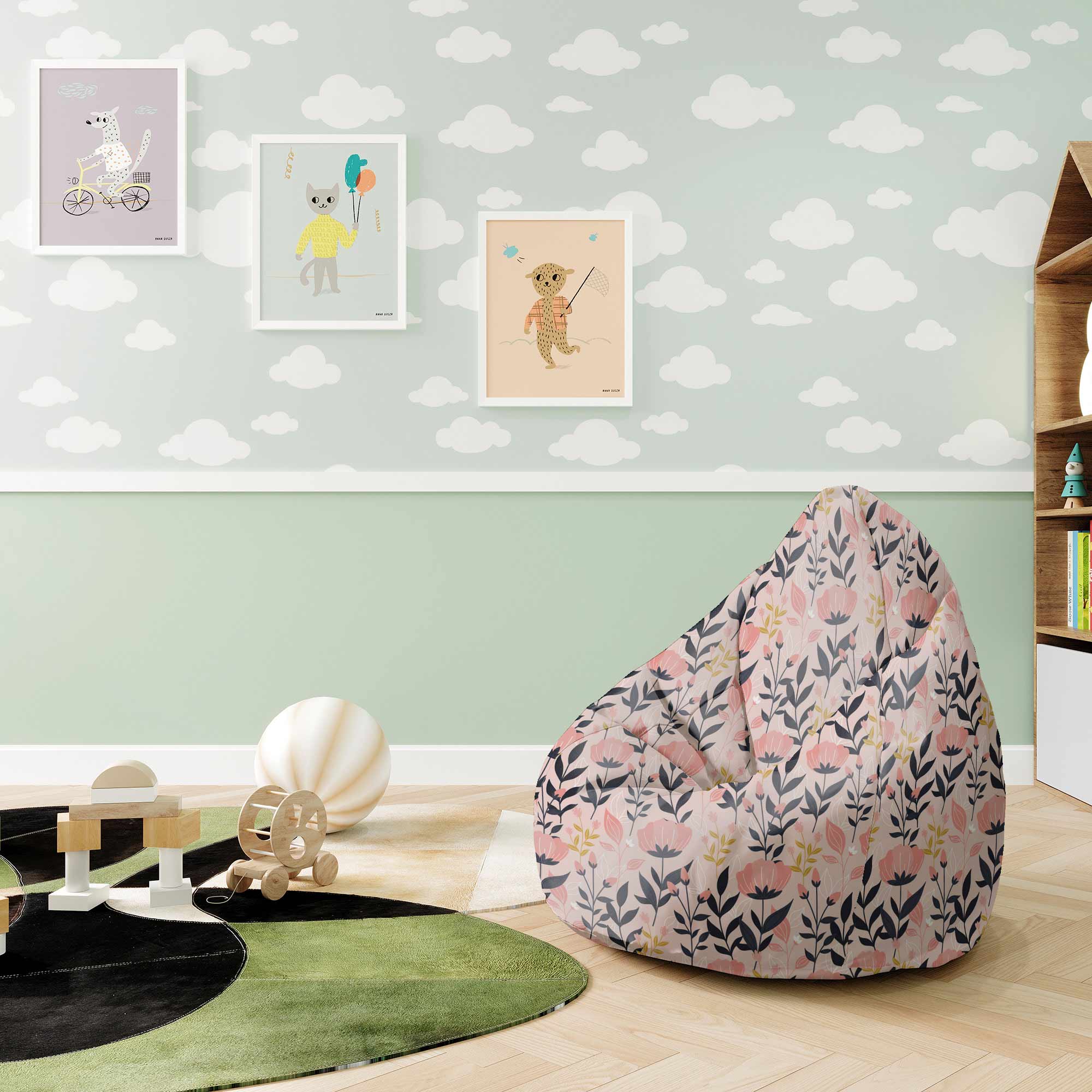 Puf Pearshape Pink and Navy Flowers-S-Velvet