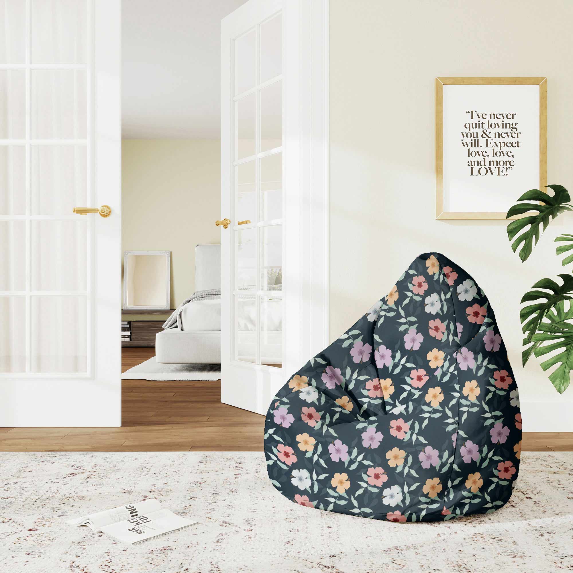 Puf Pearshape Simple Flowers on Navy-S-Oxford