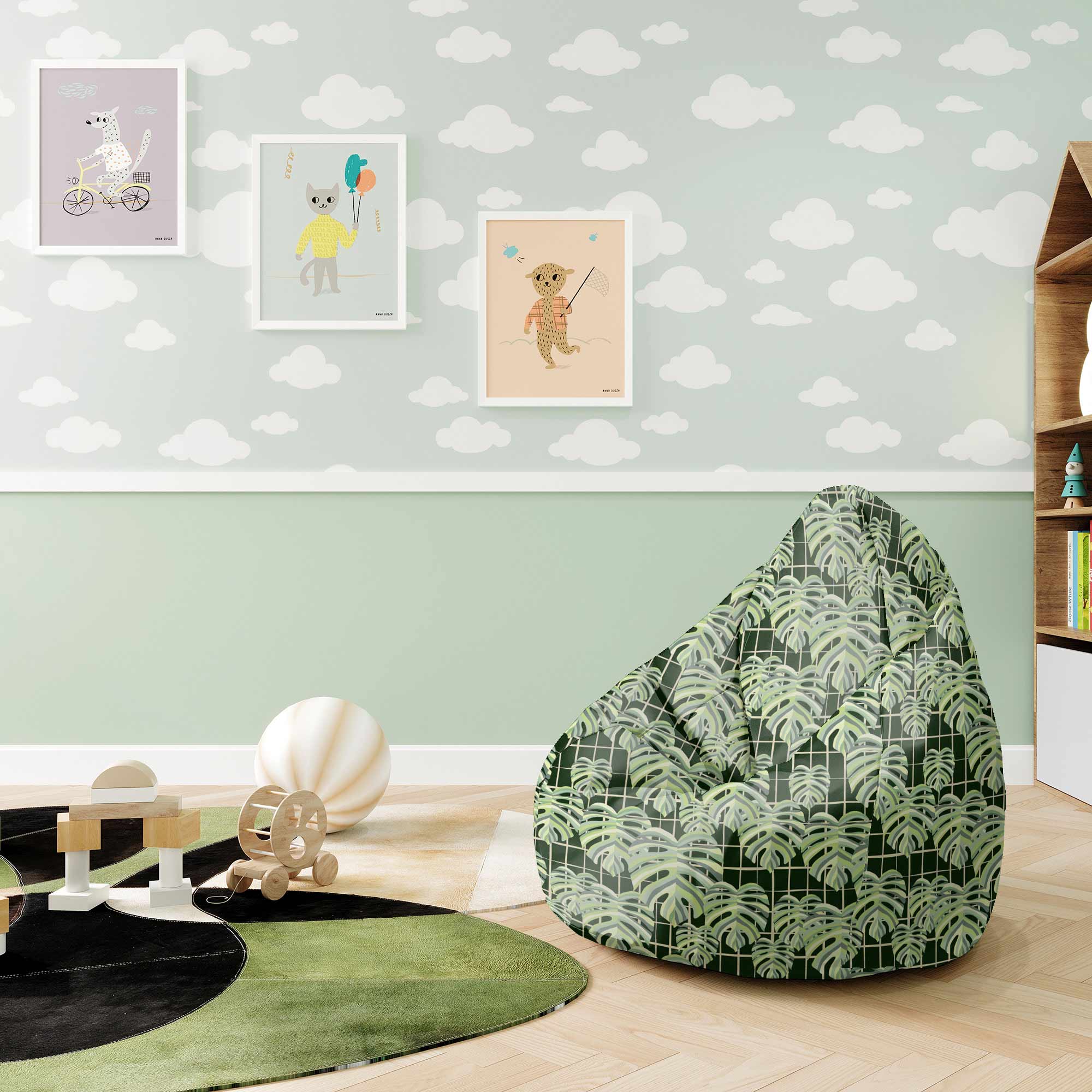 Puf Pearshape Monstera Leaves Grid-S-Oxford