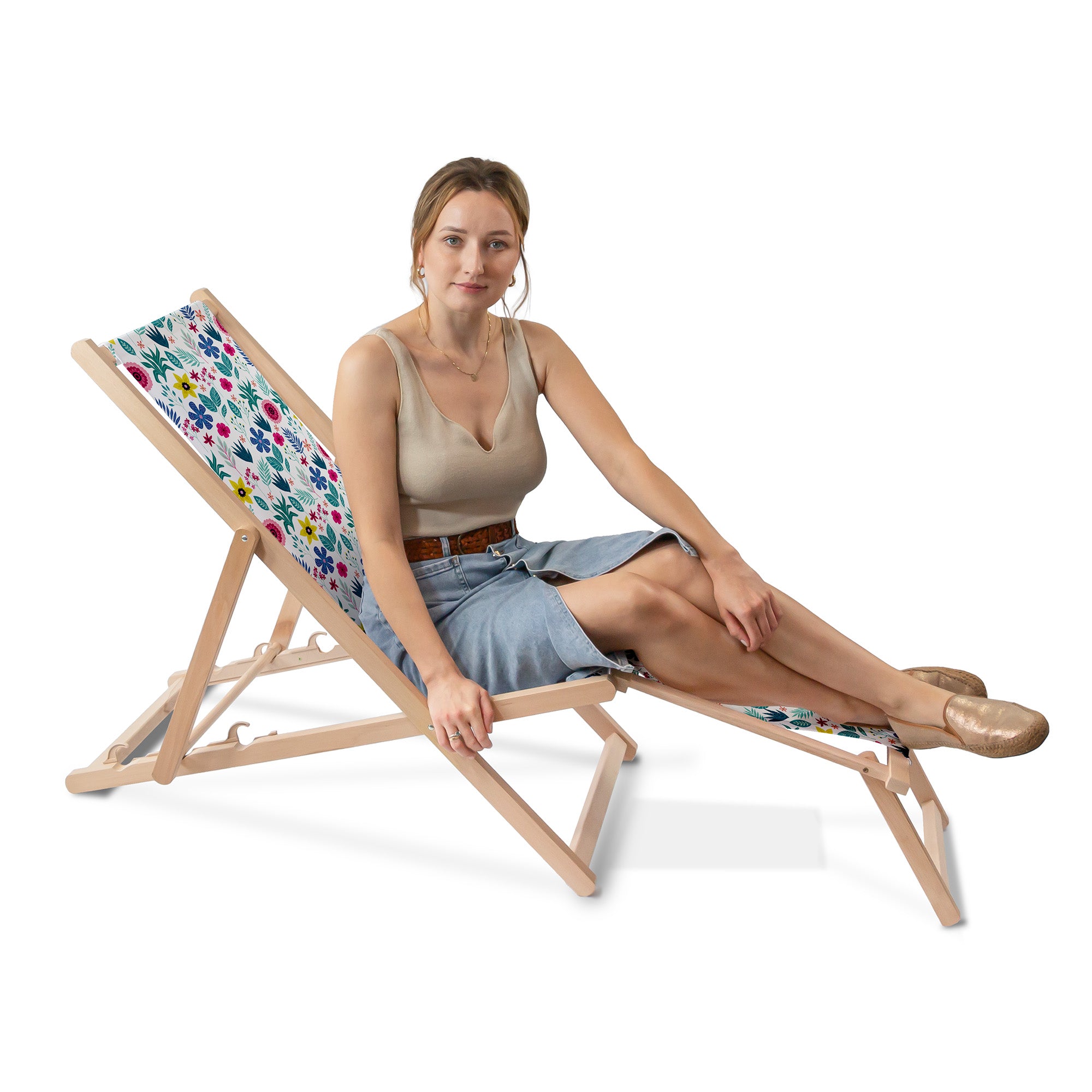 Leżak drewniany z podnóżkiem Floral Elegance