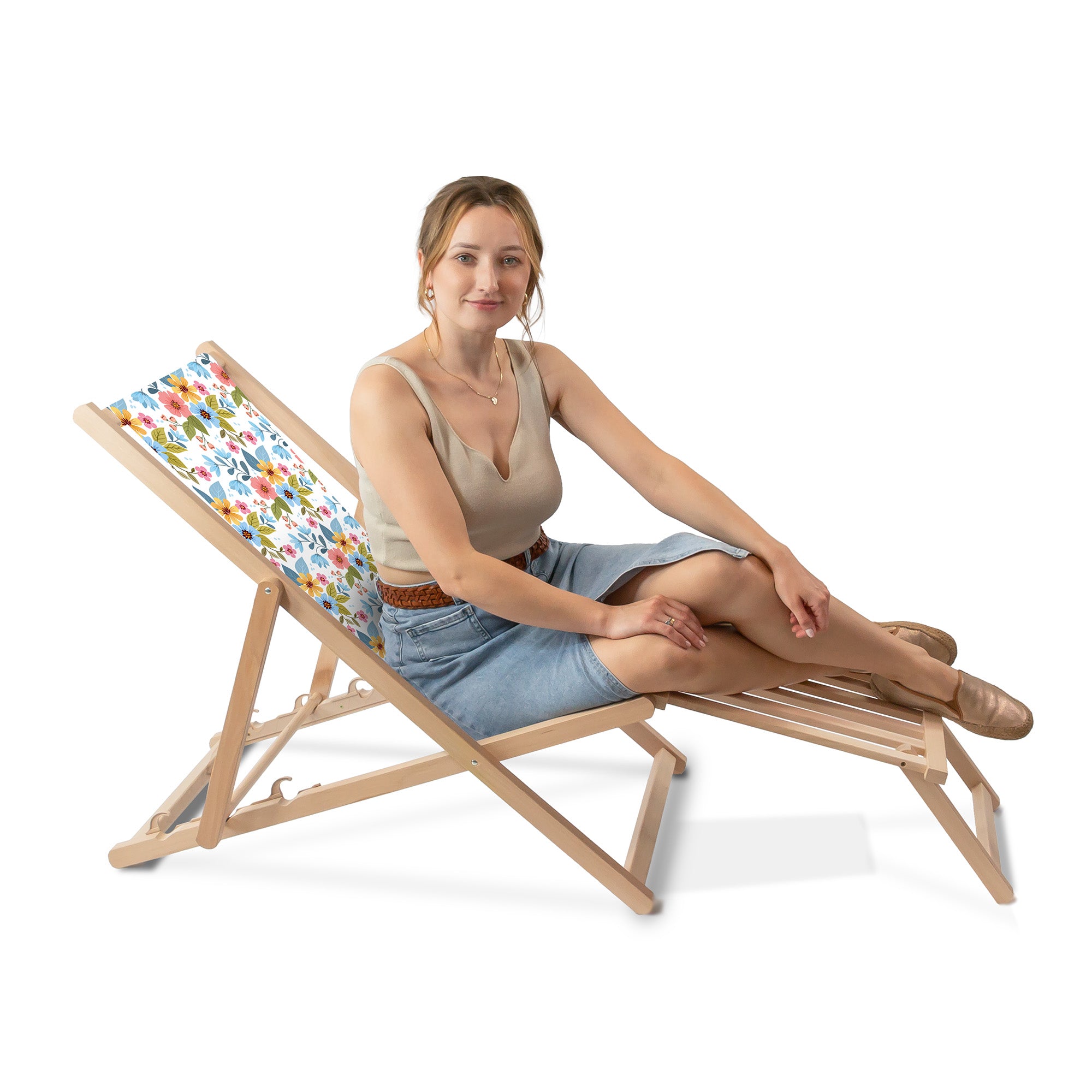 Leżak drewniany z podnóżkiem drewnianym Floral Fantasy