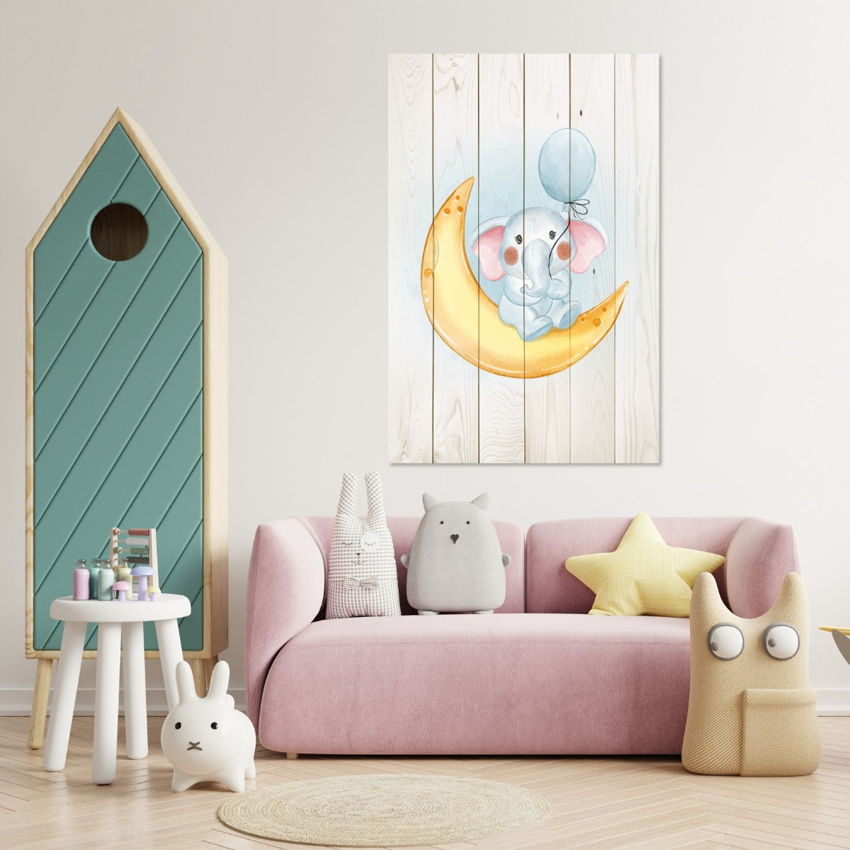 Obraz Wood Little Elephant Holding a Balloon