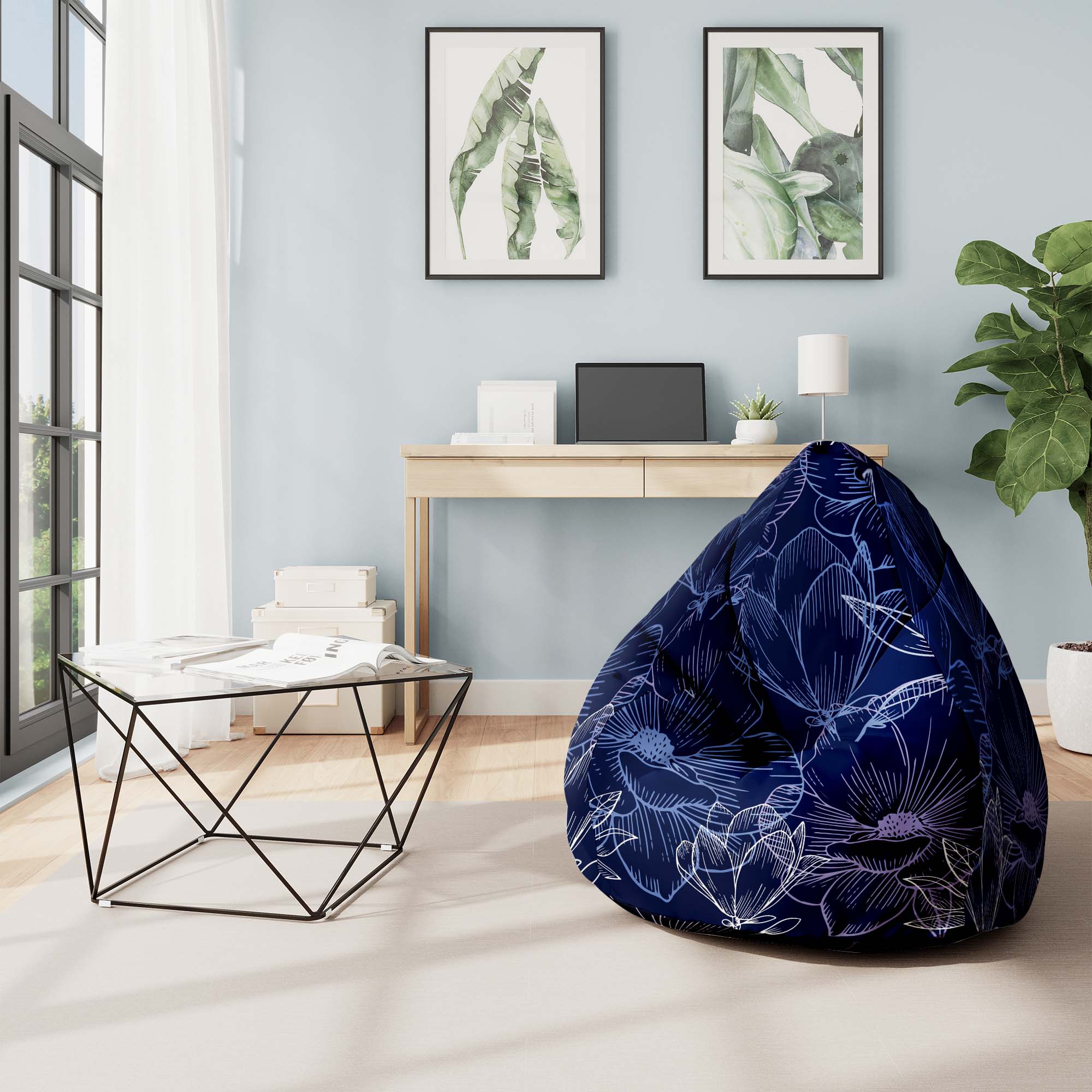 Puf Pearshape Navy Flowers