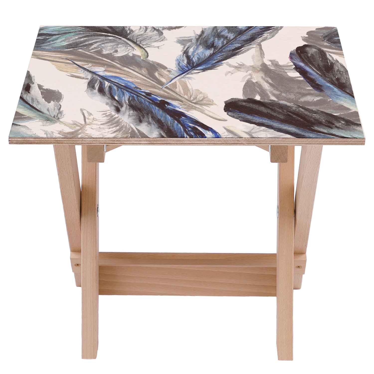 Stolik drewniany Painted Blue Feathers-30x40 CM