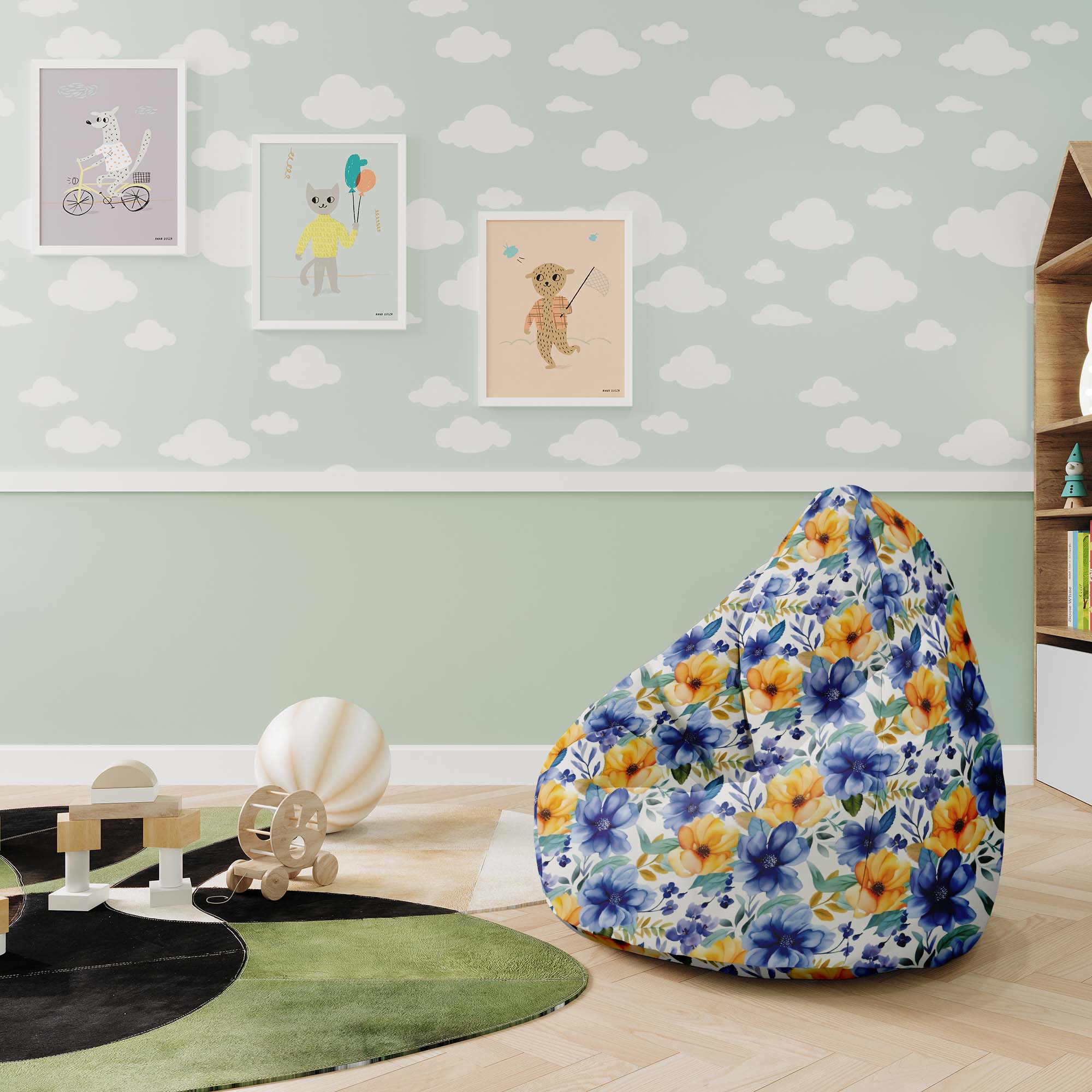 Puf Pearshape Yellow and Blue Flowers