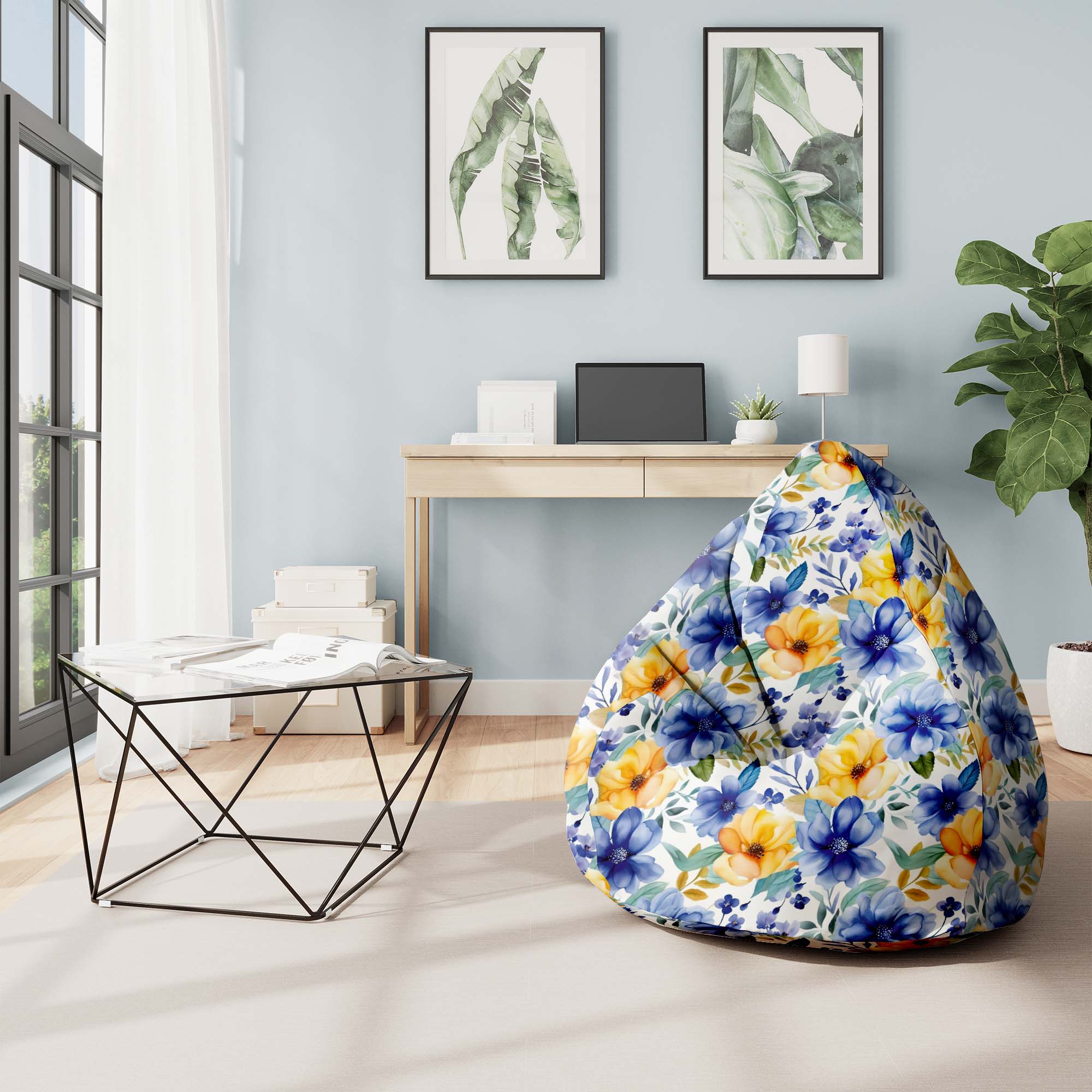 Puf Pearshape Yellow and Blue Flowers